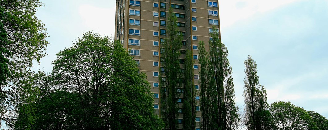 Tower block of flats surrounded by trees.